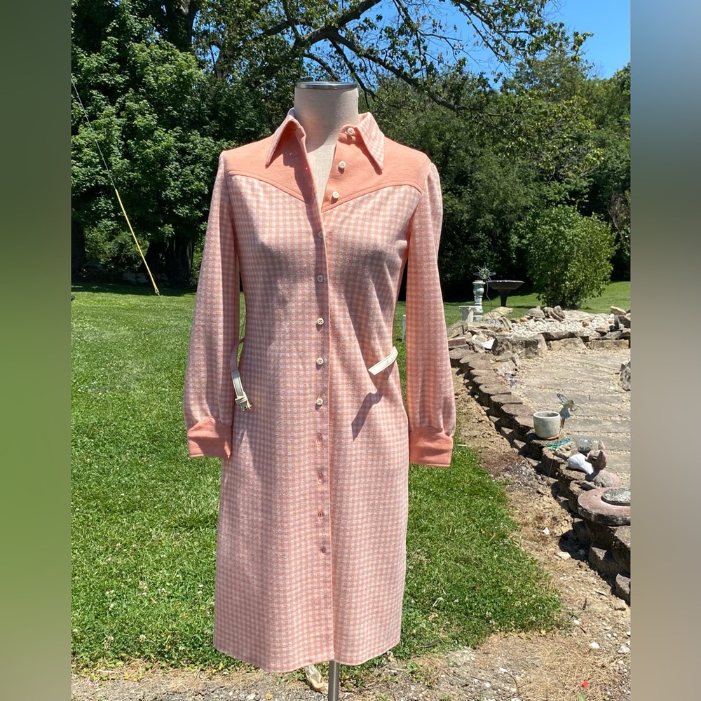 1960’s Women’s Dress By Toby Tanner Checked melon orange Belted Long Sleeves